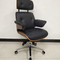 Modern Black Leather Desk Chair – Ergonomic Backrest & Walnut Trim