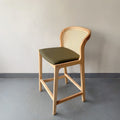 Natural Rattan Back Bar Stool – Light Wood Frame with Deep Green Cushioned Seat – Scandinavian Style Counter Height Chair for Kitchen & Cafe