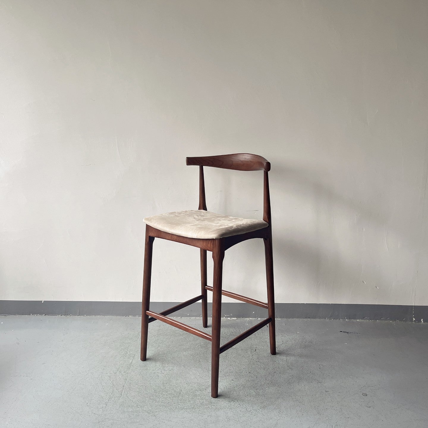 Modernist Bar Stool – Walnut color Frame with Linen Upholstery – Clean-Lined Elevated Seating