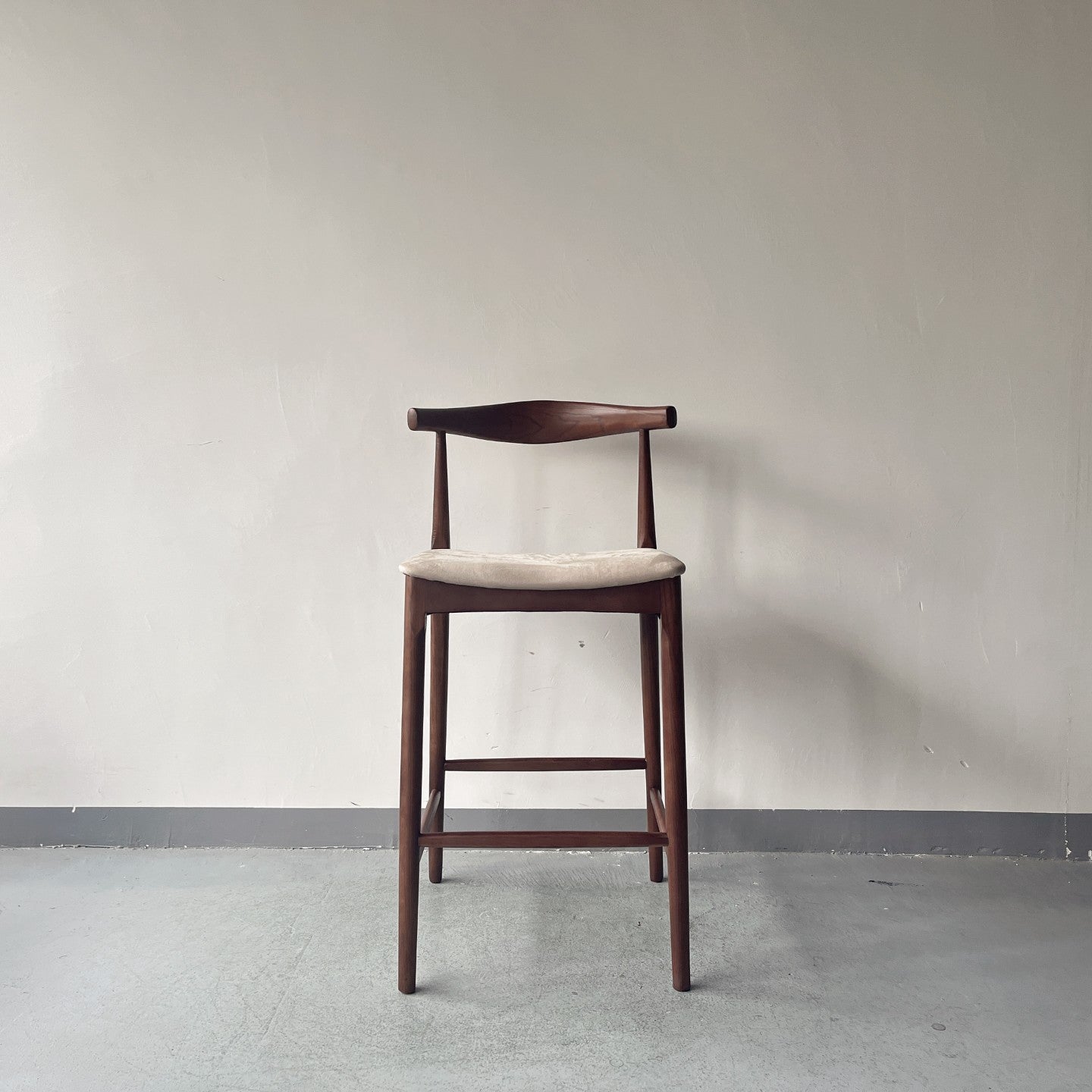 Modernist Bar Stool – Walnut color Frame with Linen Upholstery – Clean-Lined Elevated Seating