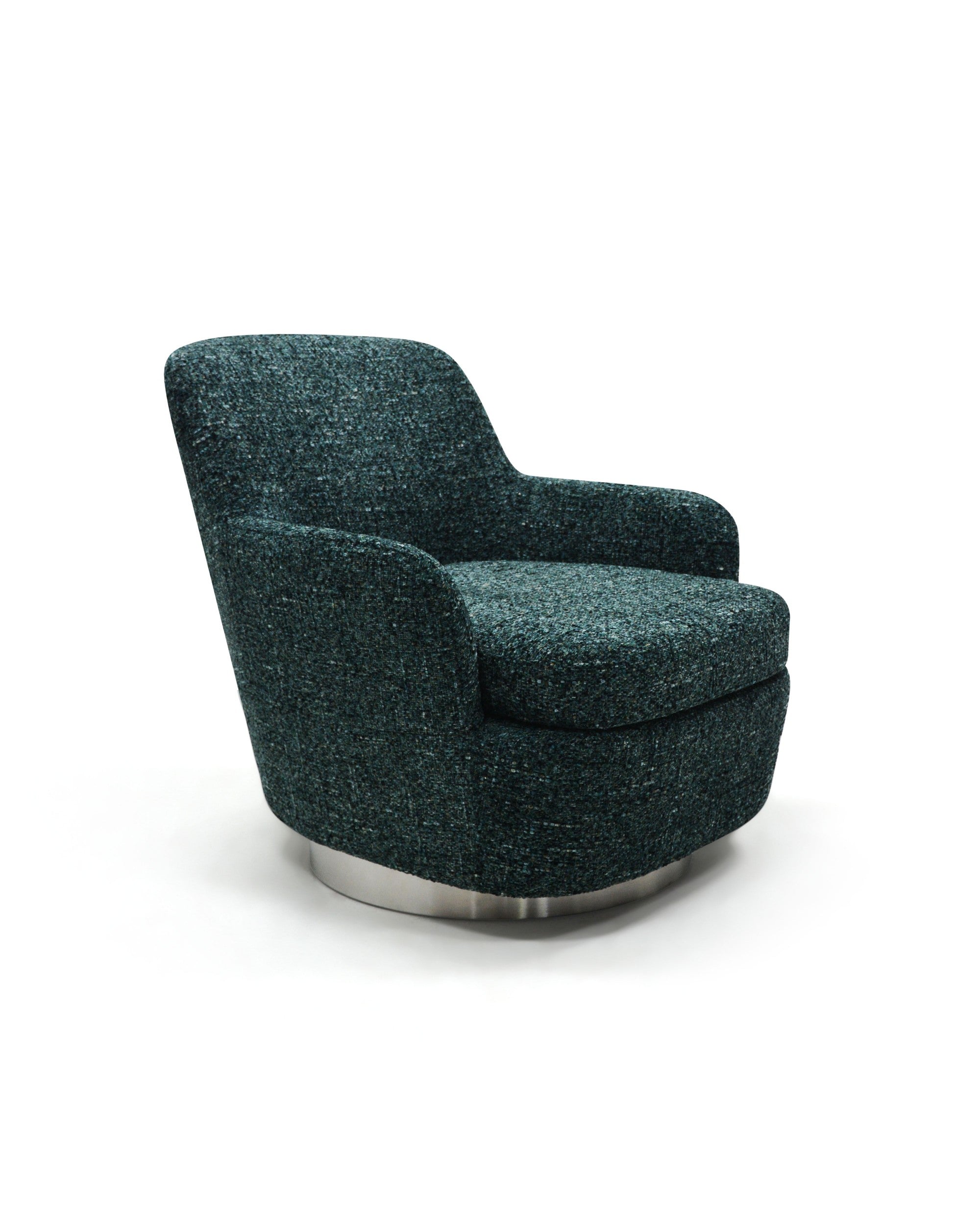 Modern Tweed Lounge Chair - Deep Emerald Green with Polished Aluminum Base - Organic Curvature Design