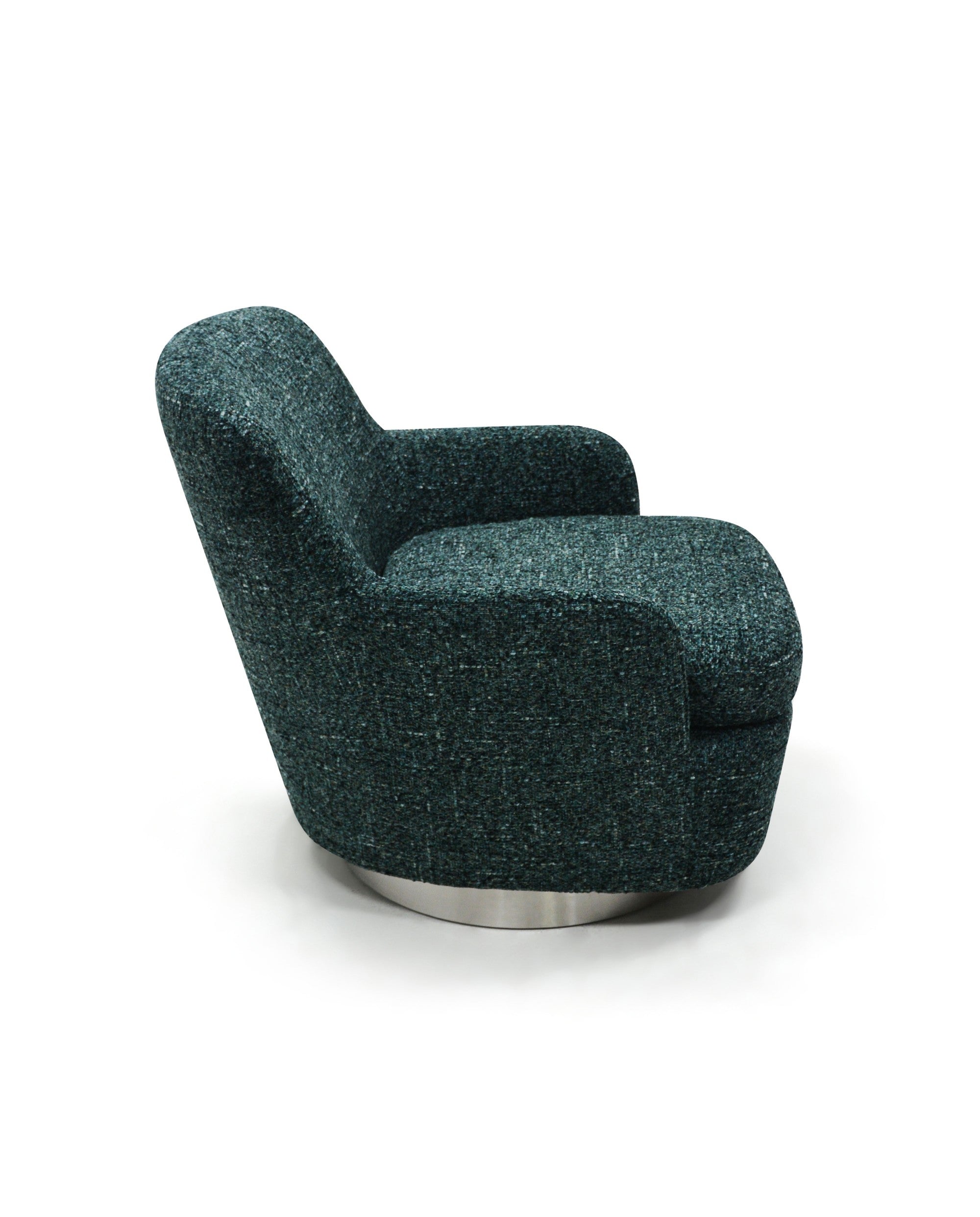Modern Tweed Lounge Chair - Deep Emerald Green with Polished Aluminum Base - Organic Curvature Design