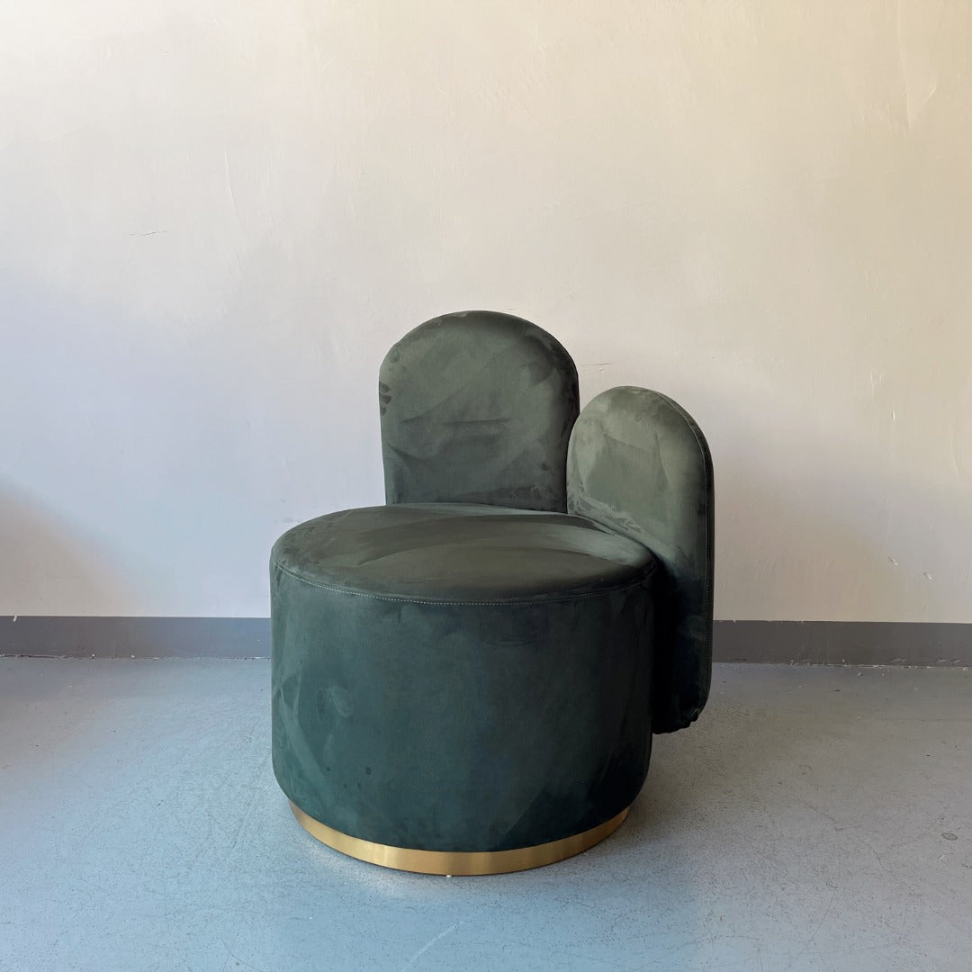 Designer Asymmetric Armchair – Deep Green Velvet Upholstery with Metallic Gold Base – Artistic Living Room Accent
