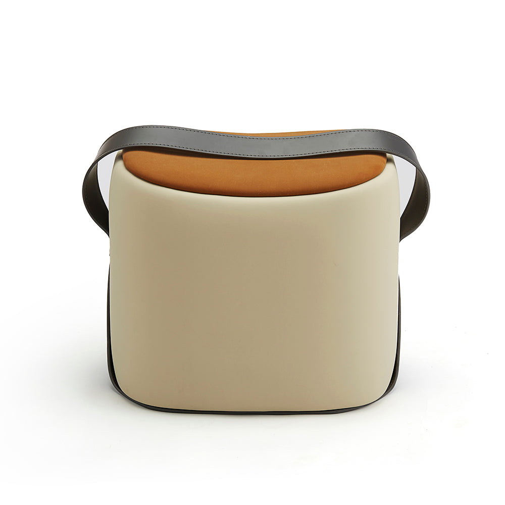 Minimalist Leather Footstool – Cream Square Ottoman with Brown Handle & Trim – Compact Living Room Accent Piece