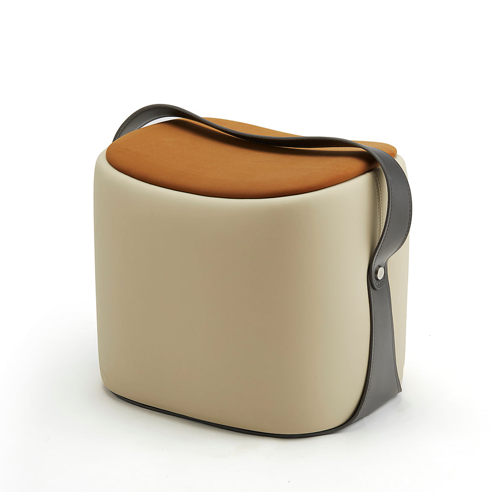 Minimalist Leather Footstool – Cream Square Ottoman with Brown Handle & Trim – Compact Living Room Accent Piece
