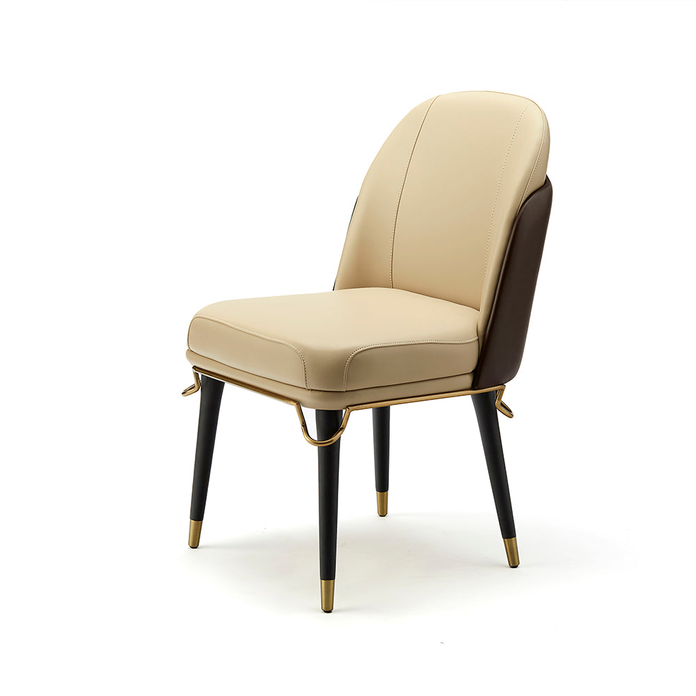 Scandinavian-Inspired Dining Chair – Light Beige Leather with Black & Gold Metal Legs – Minimalist Comfort