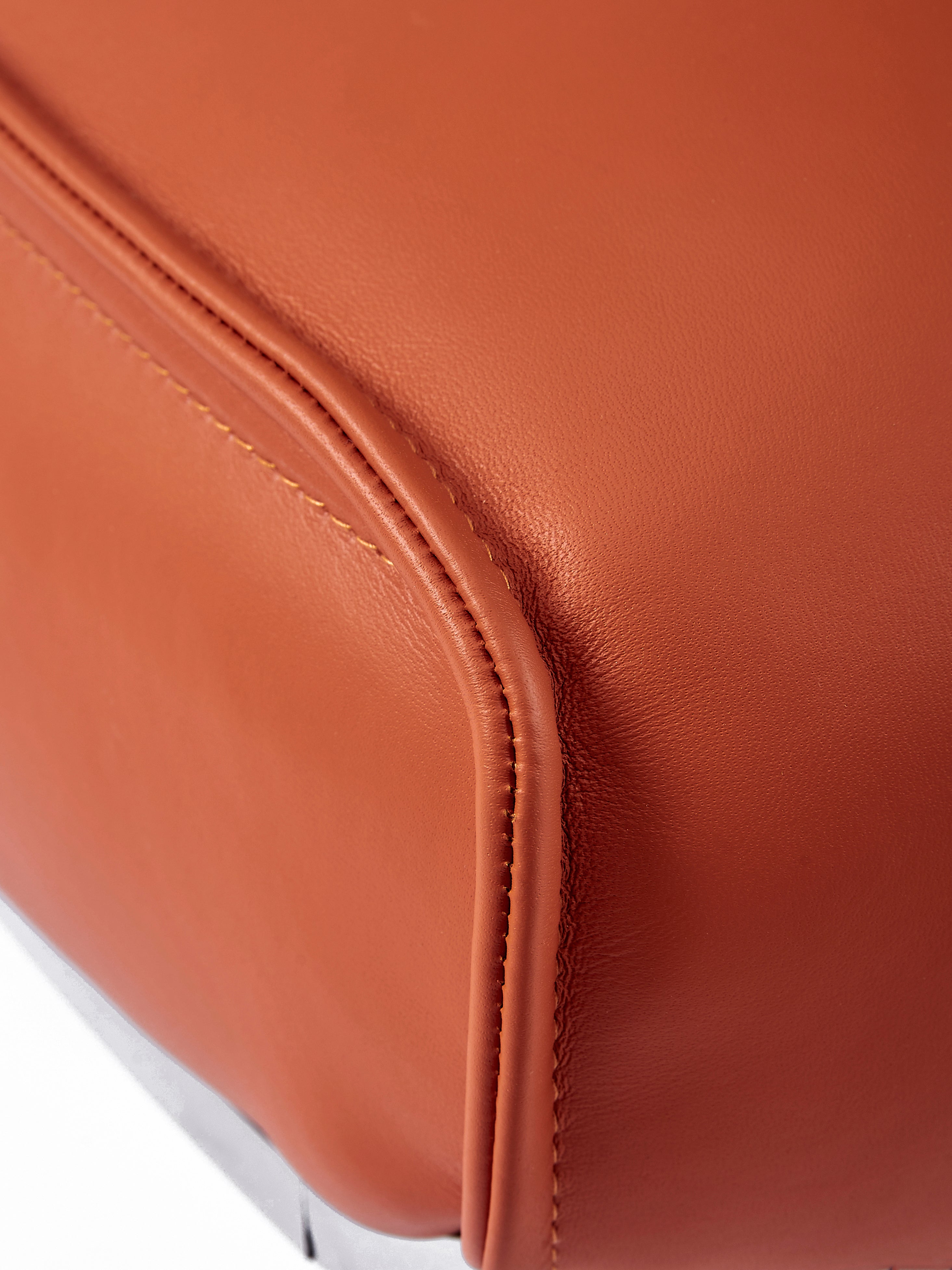 Modern Orange Leather Footstool - Soft Padded Ottoman with Silver Metal Legs