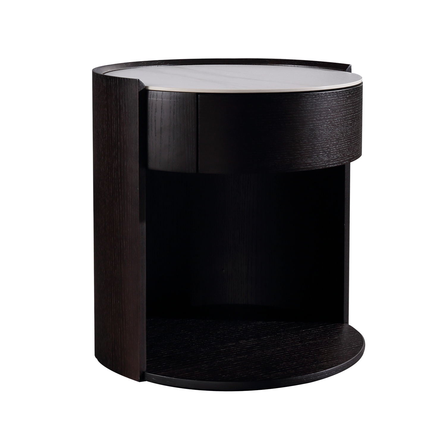 Modern Round Side Table - Sintered Top Nightstand with Wooden Drawer