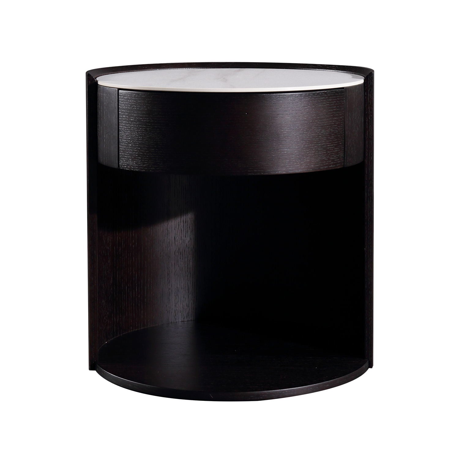 Modern Round Side Table - Sintered Top Nightstand with Wooden Drawer