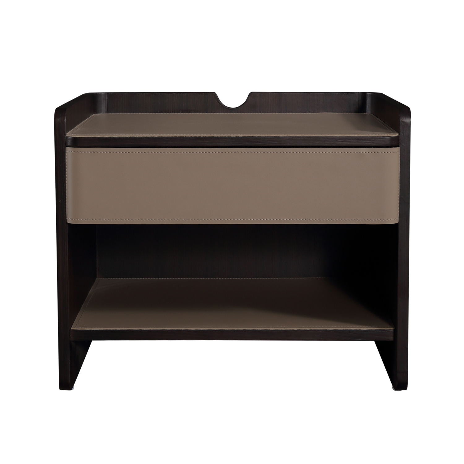 Modern Leather Top Nightstand - Wood Frame Bedside Table with Open Shelf