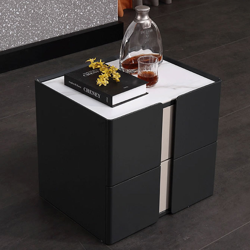 Sleek Black Nightstand - Push-to-Open Drawer Bedside Cabinet with Stone Top