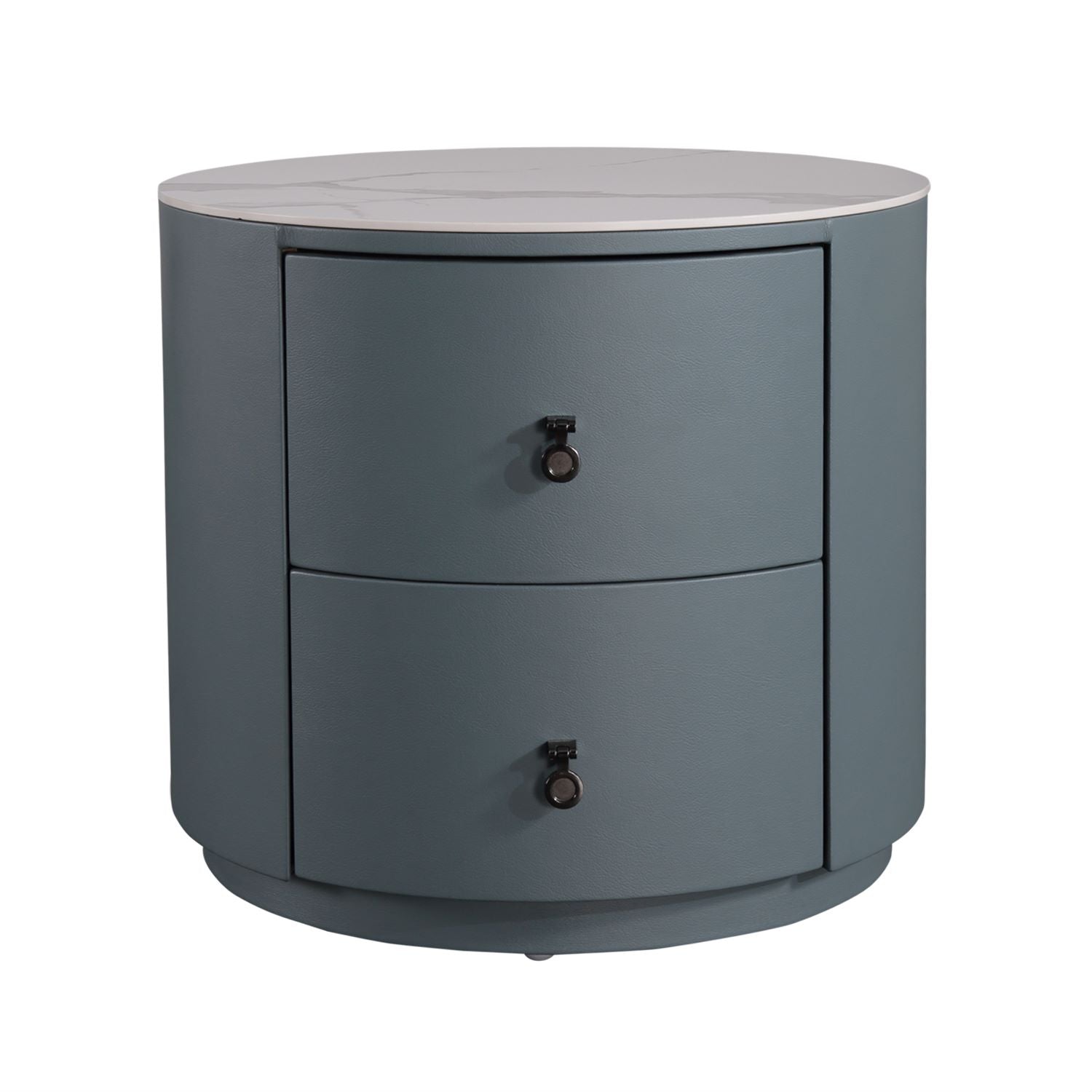 Round Nightstand - Gray Leather Dresser with Marble Surface & Metal Knobs"Keywords