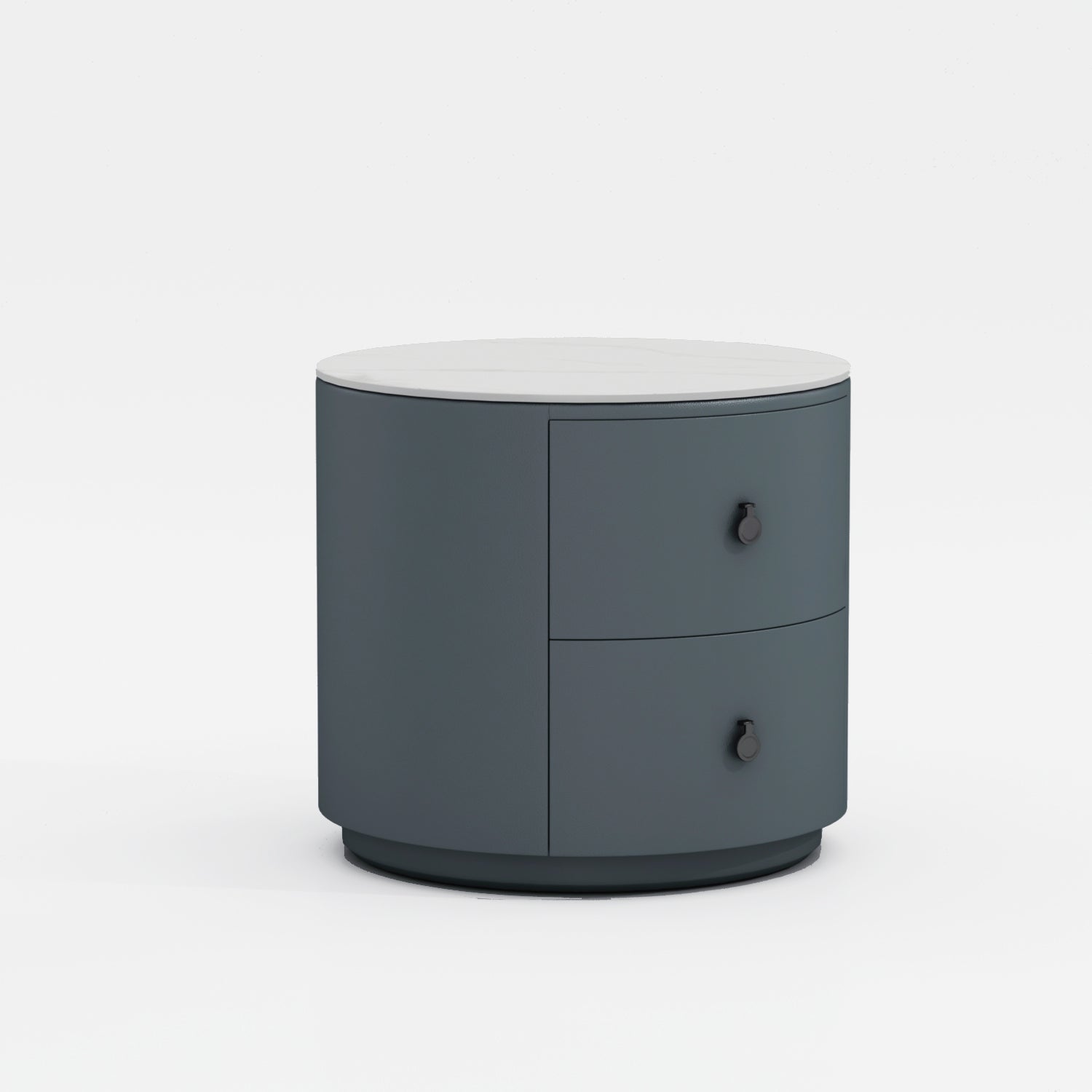 Round Nightstand - Gray Leather Dresser with Marble Surface & Metal Knobs"Keywords