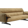 Camel Leather 3-Seater Sofa with Navy Velvet Pillows - Contemporary Tuft-Free Design & Slim Metal Legs for Modern Living Room