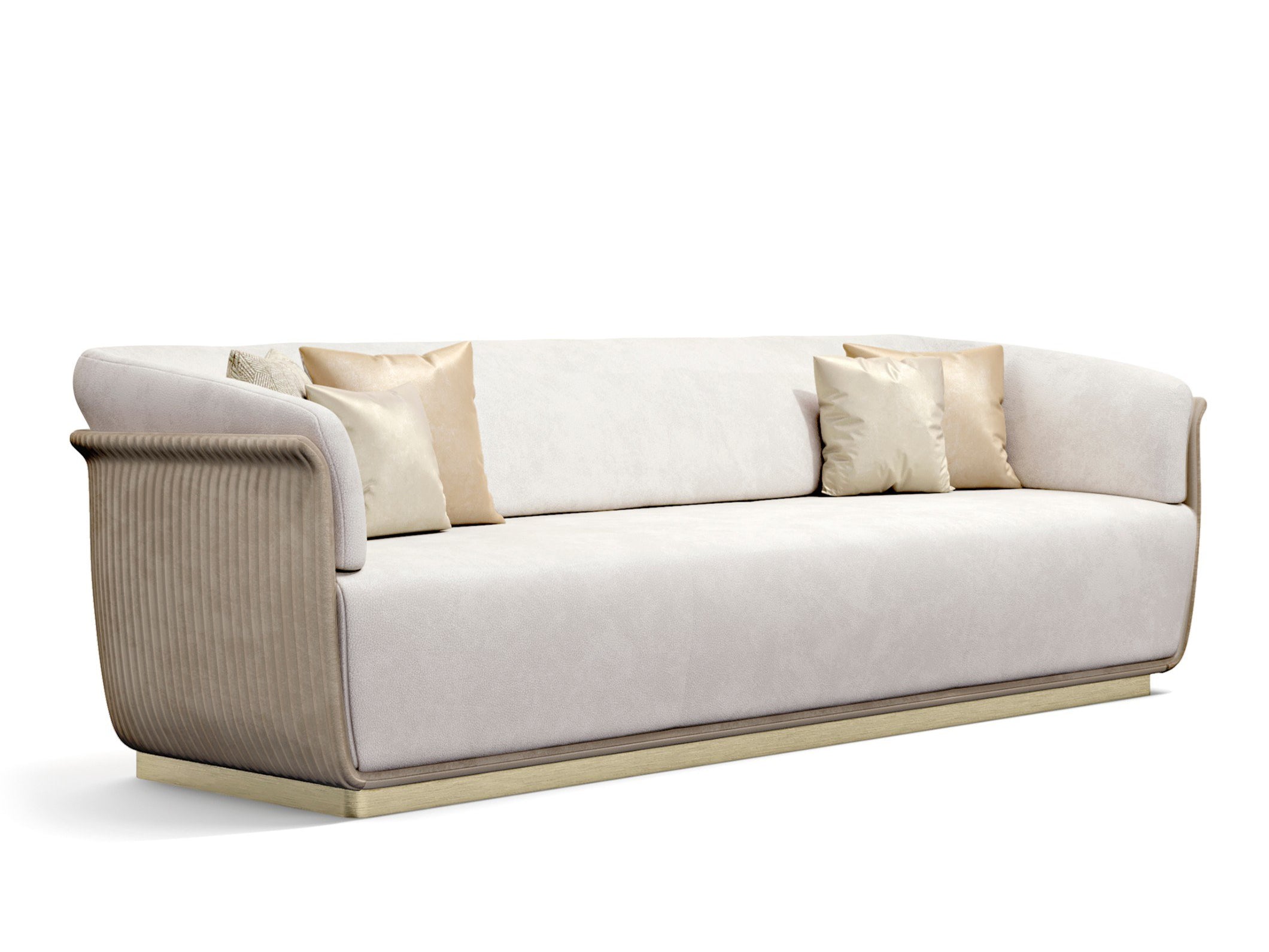 Elegant Cream Boucle Sofa with Beige Pillows - Sculpted Textured Wood Base & Plush Cushioning for Modern Minimalist Living Room
