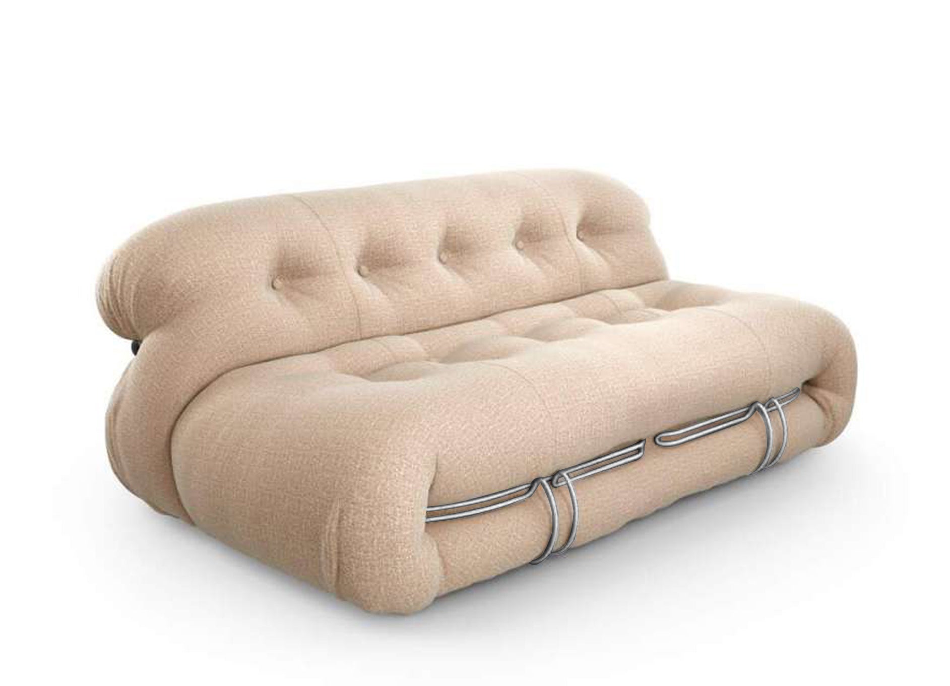 Modern Beige Button-Tufted Sofa - Industrial Metal Ring Accents & Compact 72" Design for Small Space Living Room | Vintage-Inspired Upholstered Sofa