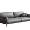 Modern Grey Leather Sofa with Honey Brown Trim - 3-Seater Contrast Stitching & Slim Black Metal Legs | Luxury Living Room Set with Brown/Grey Pillows