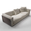 Modern Cream Fabric 3-Seater Sofa with Woven Brown Accent Arms & Matte Metal Border | Scandi-Design Upholstered Sofa with Pillow Set for Minimalist Living