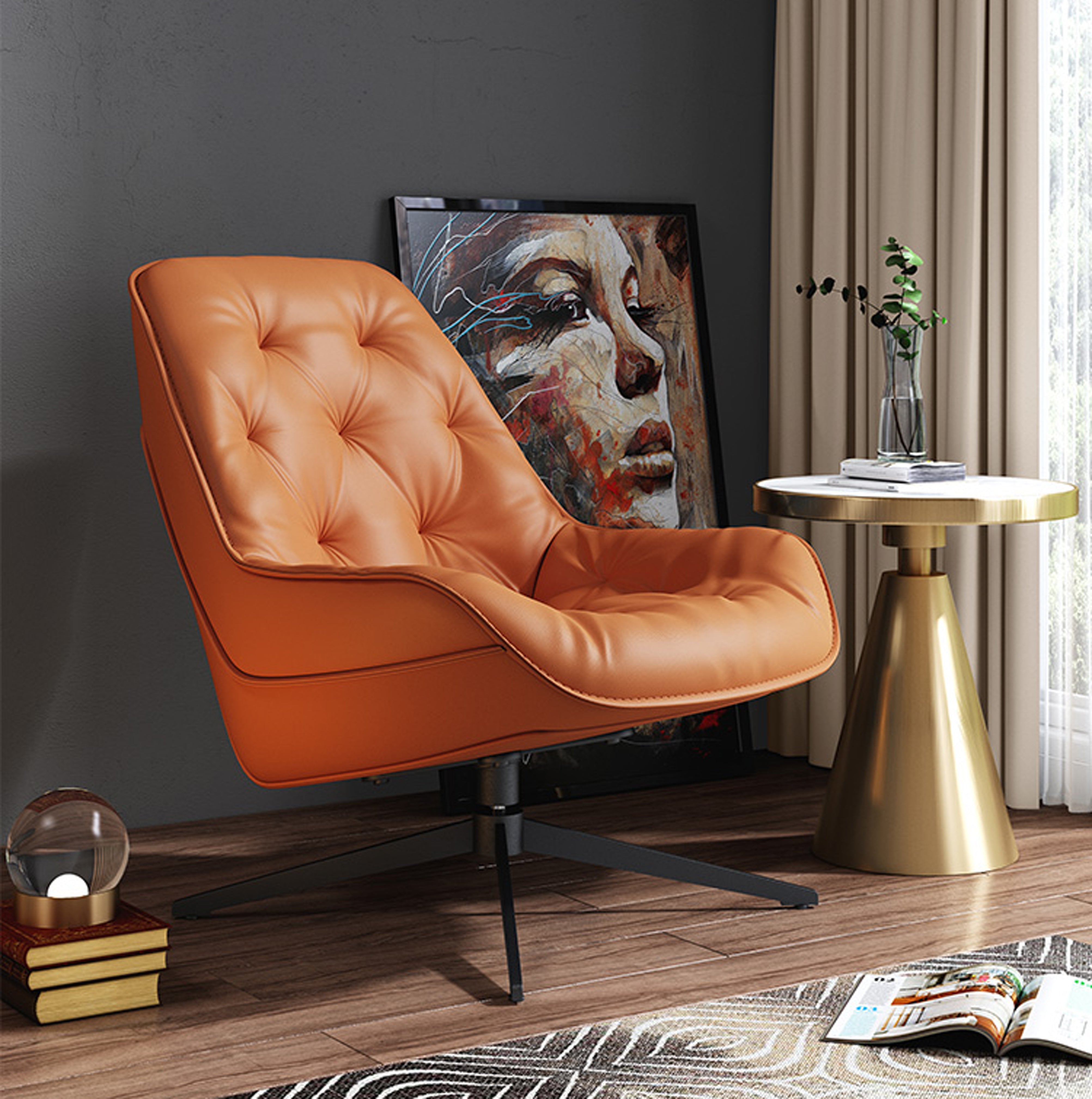 Sunrise Orange Nappa Leather Swivel Chair - Premium Button-Tufted Design & Heavy-Duty Metal Base for Modern Living Room