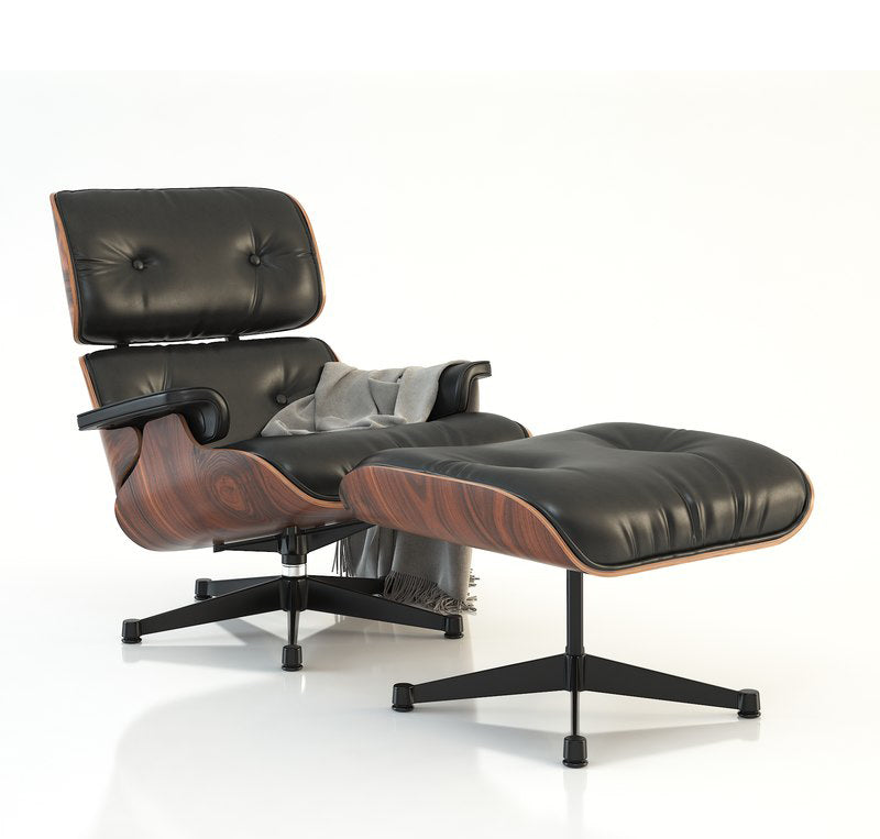 Timeless Black Leather Lounge Chair & Ottoman Set - Button-Tufted Design with Walnut Wood Base & 360° Swivel for Mid-Century Modern Living Room