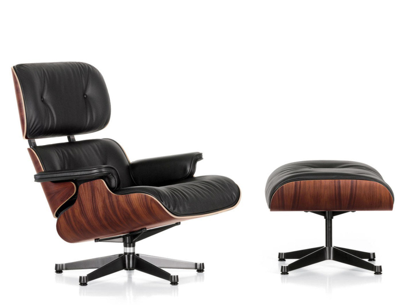 Timeless Black Leather Lounge Chair & Ottoman Set - Button-Tufted Design with Walnut Wood Base & 360° Swivel for Mid-Century Modern Living Room