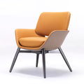Modern Cognac Leather Armchair – Plush Seat & Backrest with White Contrast Trim – Slim Dark Wood Legs
