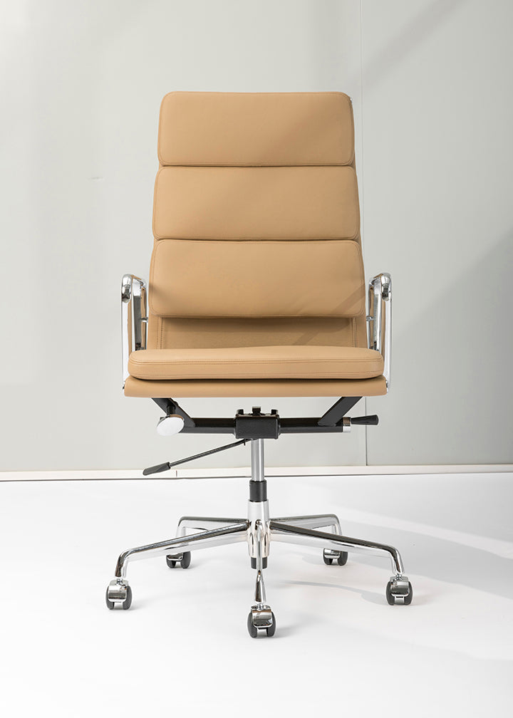 Ergonomic Beige High Back Leather Office Chair - Silver Metal Base & Adjustable Height