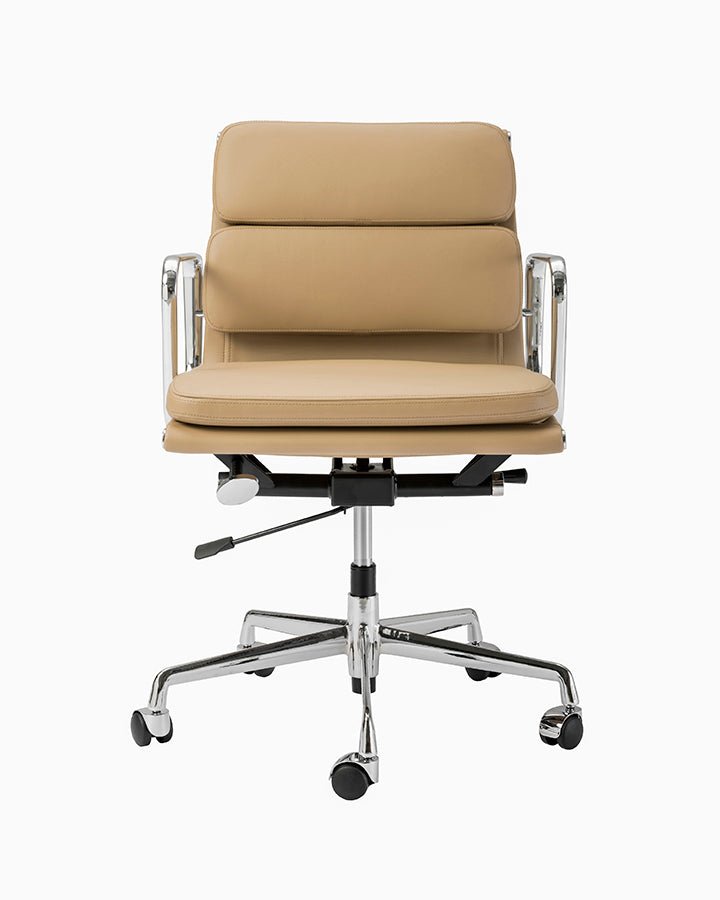 Ergonomic Beige Short Back Leather Office Chair - Silver Metal Base & Adjustable Height